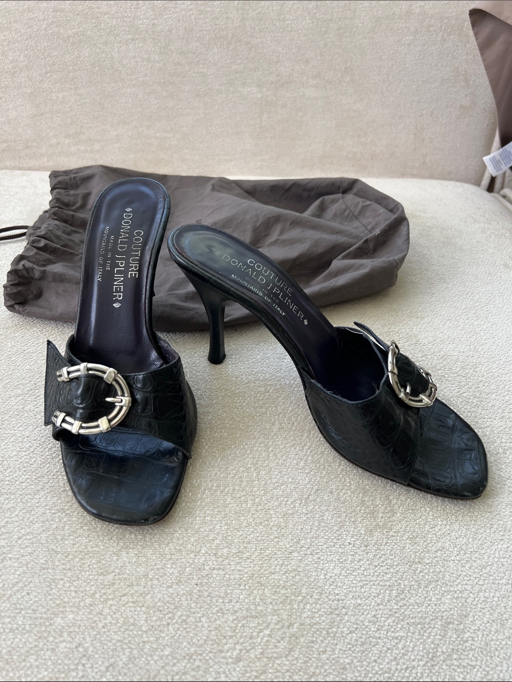 Donald J. Pliner Black Croc-Embossed Silver Buckle High Heel Mules